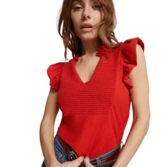 NATION LTD Habiba Fancy Tee Rouge Size XL Smocking Ruffles Pima Cotton - Picture 1 of 14